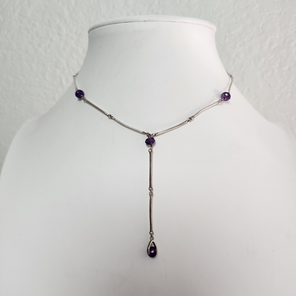 Vintage Sterling Silver & Faceted Amethyst Drop Pendant Necklace